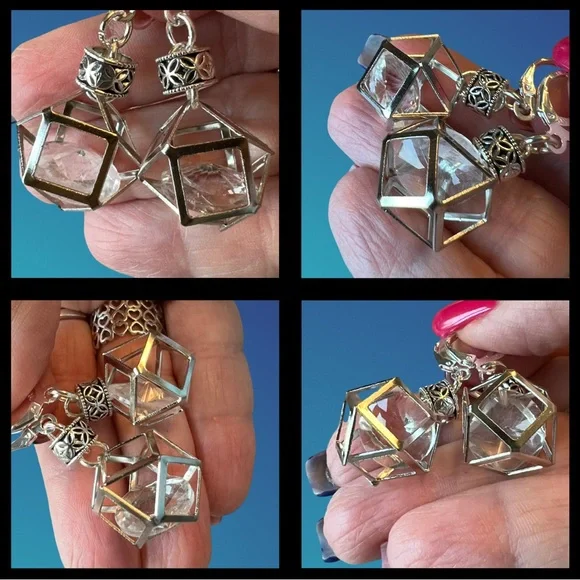 Elegant Silver Tone Geometric Dangling Earrings - Picture 2 of 7